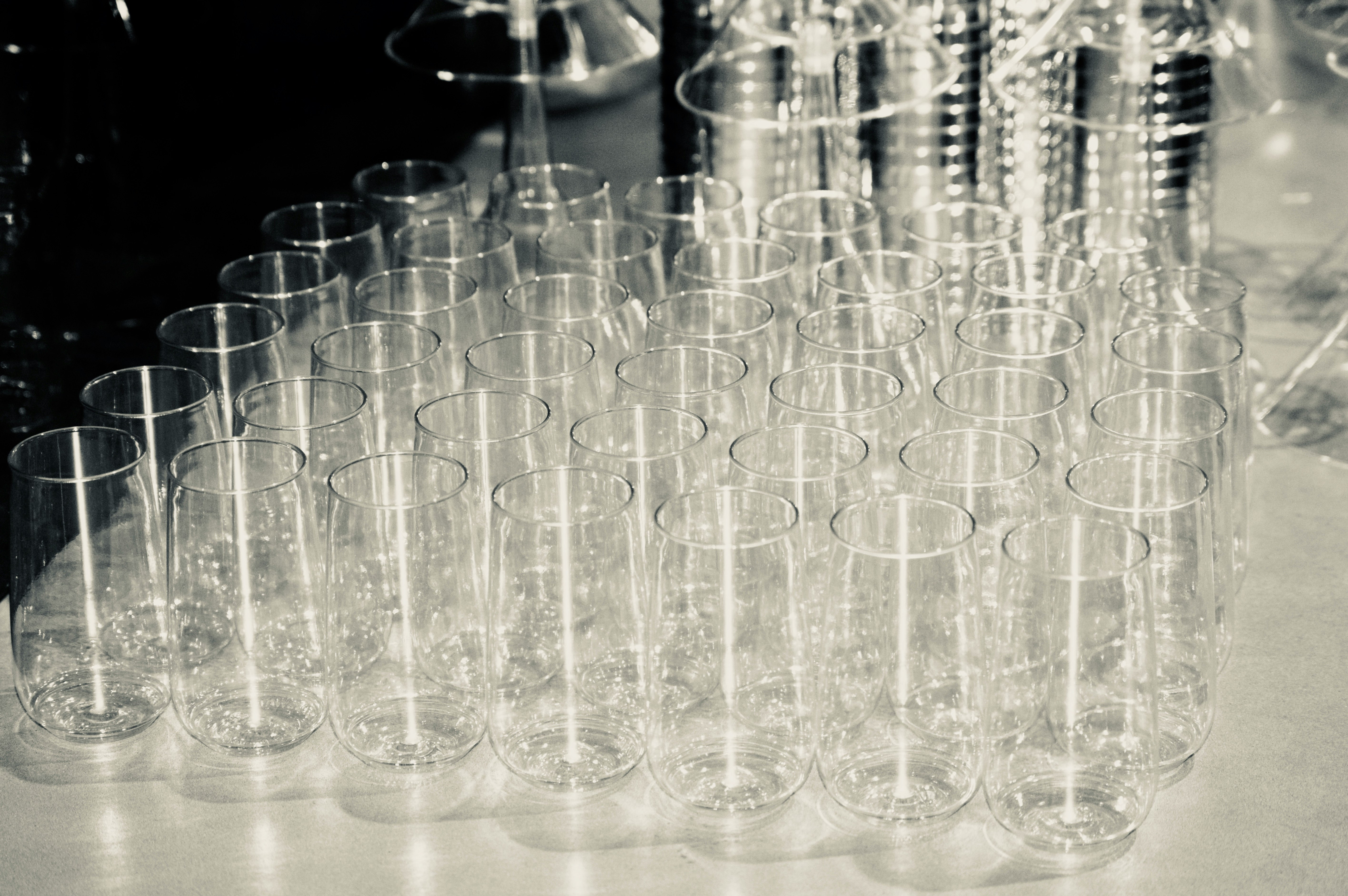 clear drinking glasses on table